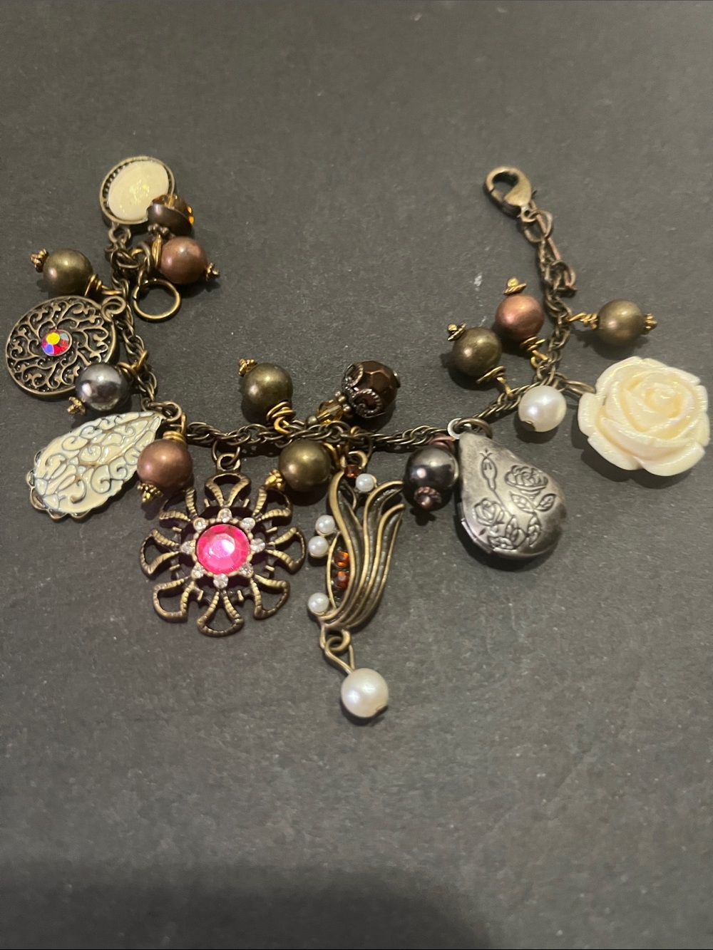 Vintage-Inspired Charm Bracelet with Pink Accent and Cream Rose
